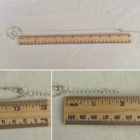 Silvertone Necklace 22-24 inches with Pendant Trio of Irregular Textured Rings - Picture 5 of 6